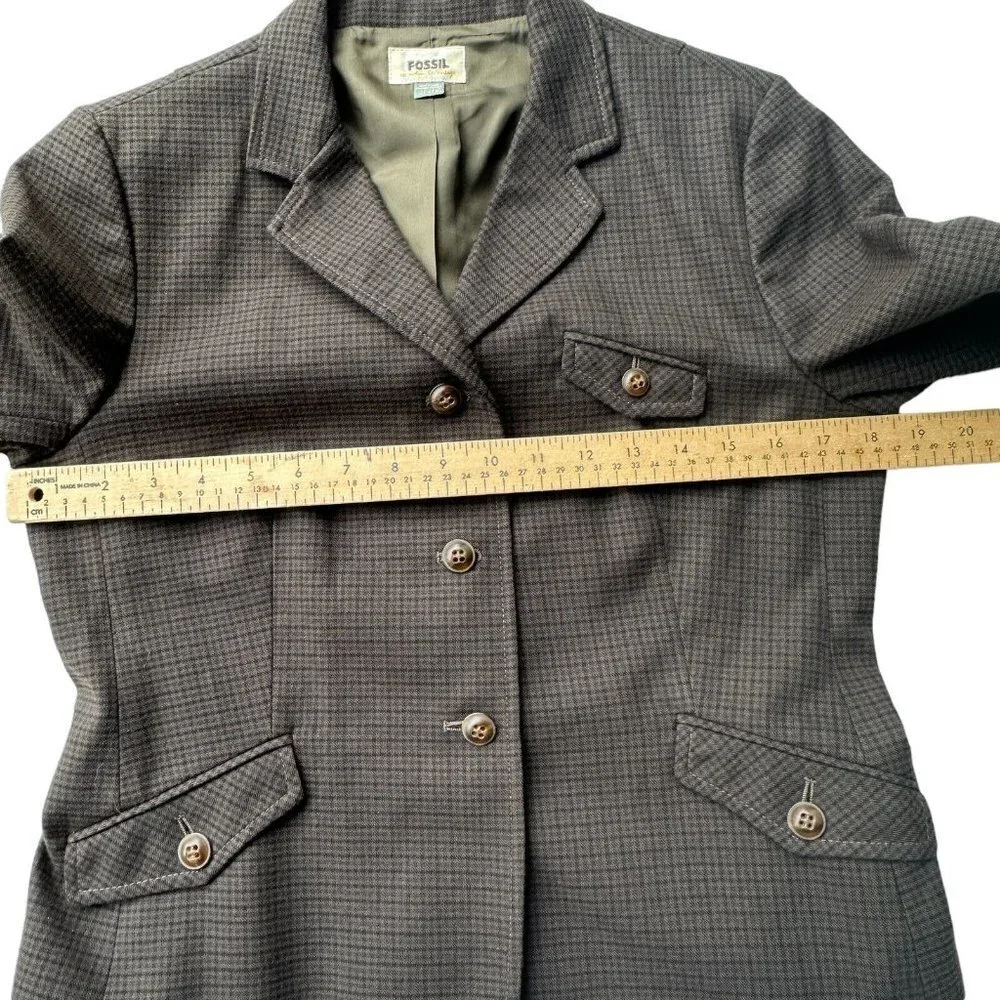 Fossil Blazer Jacket Women's Size 6 Brown‎ Plaid Lined Equestrian Button Pockets
